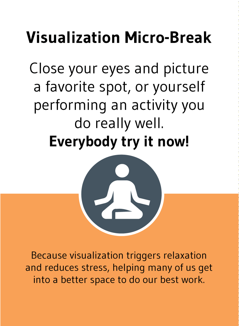Visualization Micro-Break: Close your eyes and picture a favorite spot, or yourself performing an activity you do really well. Because visualization triggers relaxation and reduces stress, helping many of us get into a better space to do our best work.