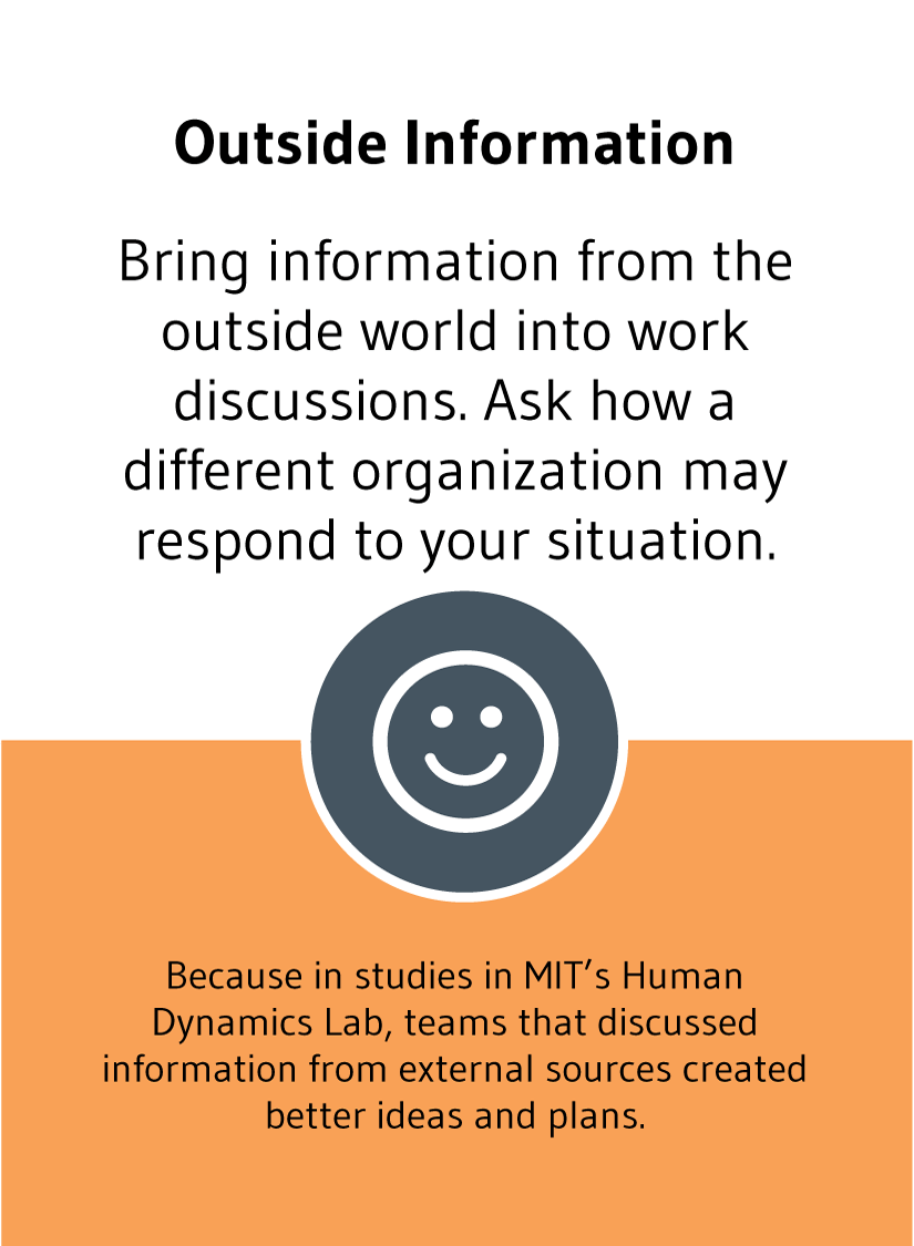 Outside Information: bring information from the outside world into work discussions. Ask how a different organization may respond to your situation.