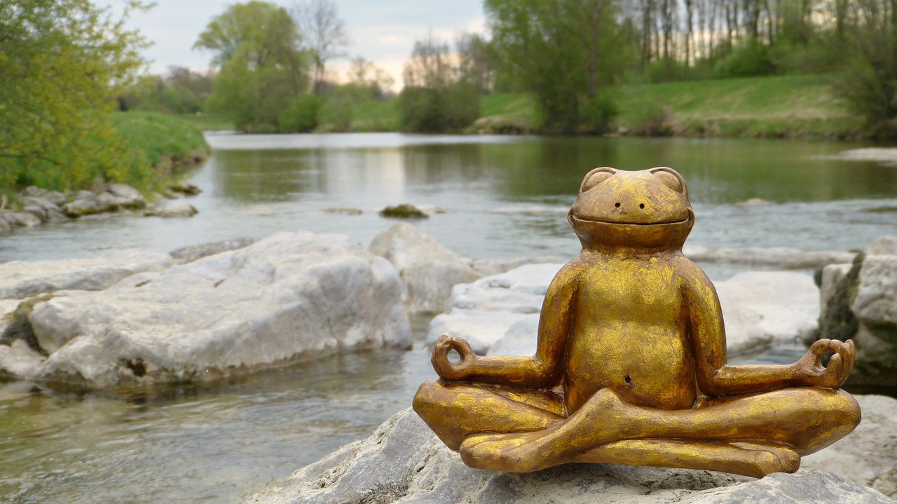 Image of a golden frog statue in a meditation pose, beside a flowing stream.