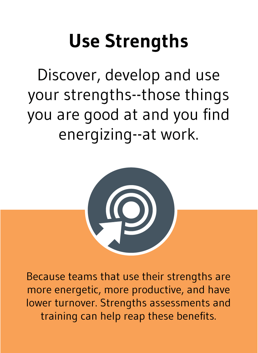 Use Strengths: Discover, develop and use your strengths--those things you are good at and you find energizing--at work.