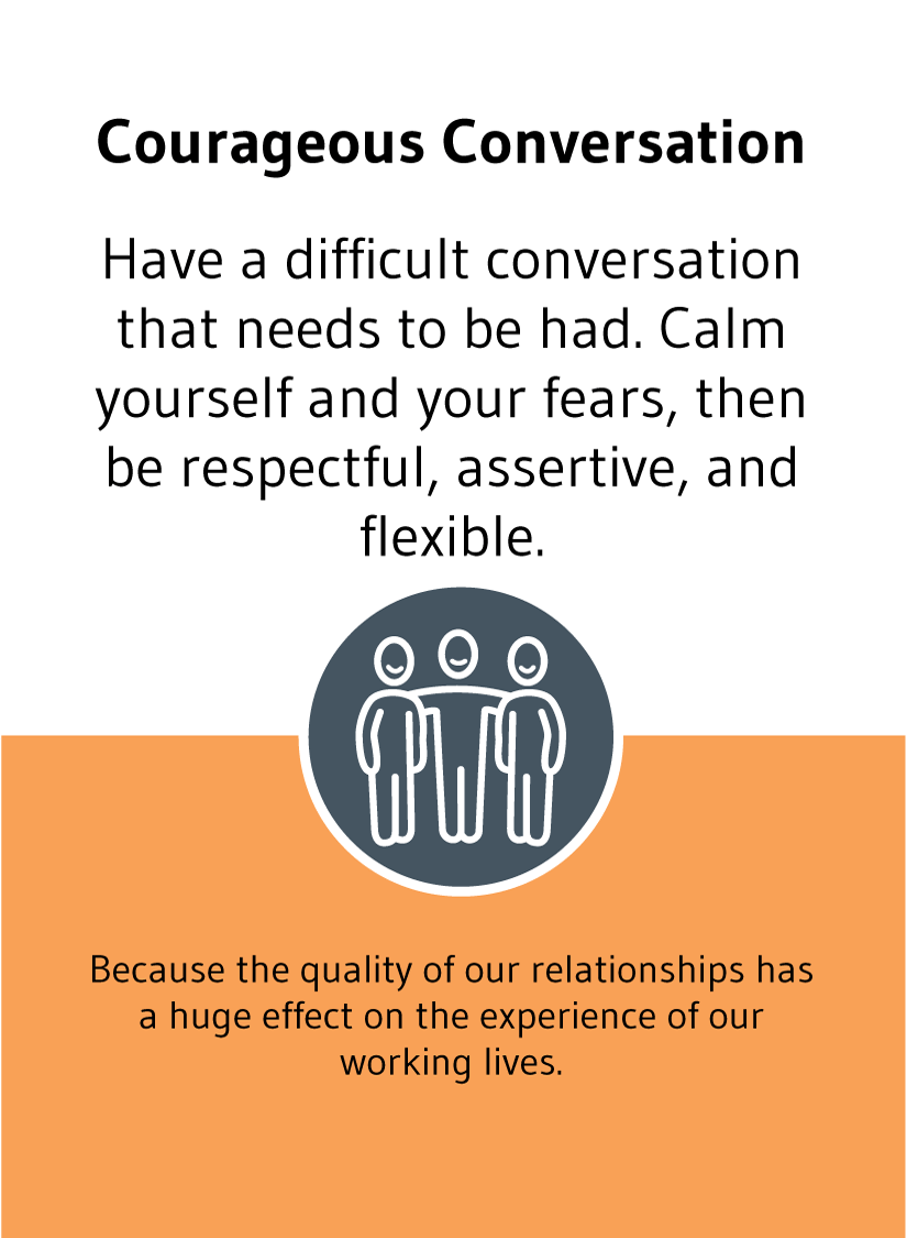 Courageous Conversation: Have a difficult conversation that needs to be had. Calm yourself and your fears, then be respectful, assertive, and flexible.