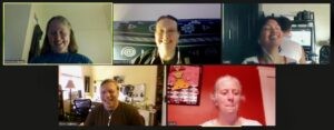 Virtual Game Night: Image of 5 Happy Brain Science staff laughing over videoconference