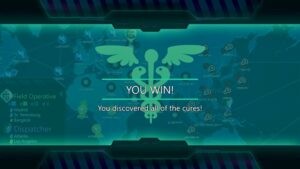Virtual Game Night: Screenshot of a "You Win!" screen from the Steam version of the game Pandemic
