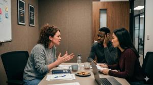 A stressed female employee expressively venting to two concerned colleagues during a private meeting in a modern office conference room.